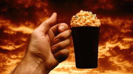 Wall Mural - A Hand Holding a Cup of Popcorn Against a Fiery Sky