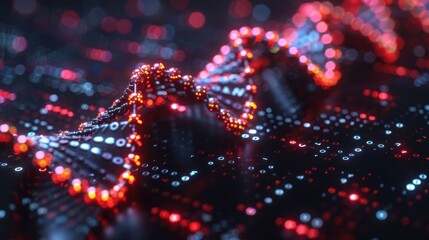 Abstract digital representation of DNA structure with glowing particles and binary code background