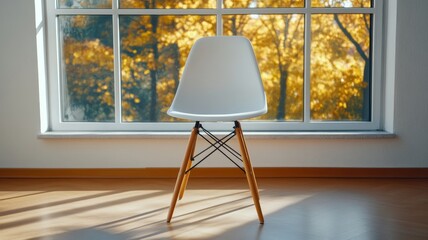 Wall Mural - White Chair by Autumn Window - A minimalist image of a white chair sitting by a large window with an autumnal view. Sunlight streams in.