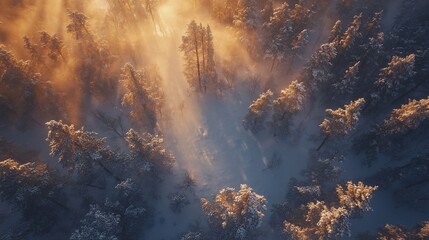 Wall Mural - Aerial view of snow-covered forest at sunrise.