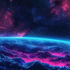 Wall Mural - A vibrant cosmic scene featuring clouds illuminated by pink and blue hues against a starry sky.