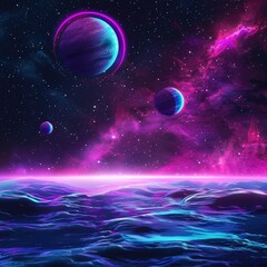 Wall Mural - A vibrant cosmic scene featuring planets and a colorful ocean under a starry sky.