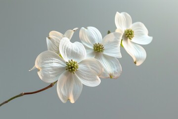 Sticker - Three white flowers are on a branch. The flowers are very large and are in full bloom. The flowers are very bright and stand out against the gray background