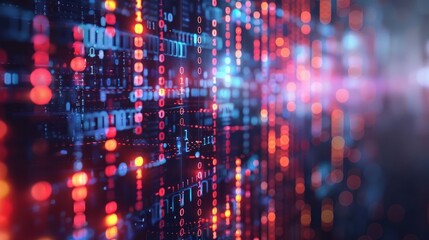 Abstract digital background showcasing vibrant data streams and glowing binary code in a tech environment