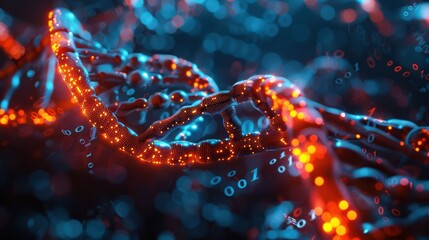 Vibrant 3D Representation of DNA Structure with Digital Binary Code in a Futuristic Background