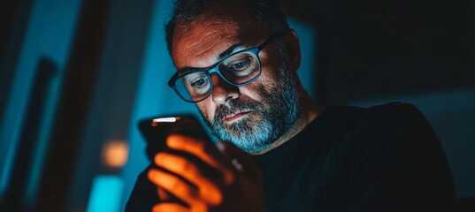 Close Up Focused Middle-Aged Man Browsing Smartphone in Darkened Room, Lit by Screen