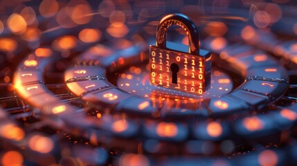 Digital lock surrounded by glowing binary code in a futuristic environment with data security themes