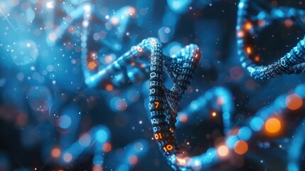 Abstract representation of DNA strands with glowing binary code in a futuristic digital environment