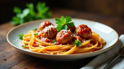 Wall Mural - Aromatic pasta dish with savory meatballs, simmered in a rich tomato sauce and topped with grated cheese and fresh herbs