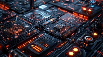 Close-up view of intricate circuit board design with glowing elements and dark background