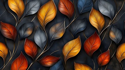 Poster - Stunning seamless decorative background pattern featuring a blend of vibrant autumn toned 3D abstract leaves with detailed textures and overlapping layers for a sophisticated and elegant visual