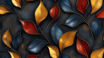 Poster - Enchanting Fantasy Inspired Seamless 3D Leaf Pattern with Glowing Accents and Elegant Organic Flow  A dreamy vibrant and dynamic digital artwork featuring an intricate