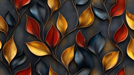 Poster - Exquisite Overlapping 3D Leaf Pattern for Sophisticated Interior Backgrounds  Seamless abstract decorative design with lush layered leaves in rich autumn hues creating a dramatic high end aesthetic