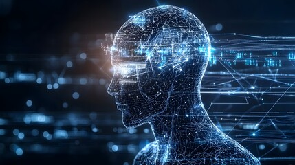 Fototapete - Innovative Abstract Silhouette Design with Glowing Light Effects and Technological Grid Representing the Future of Intelligence and Technological Advancements