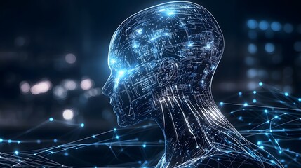 Fototapete - Futuristic digital representation of intelligence with a sleek glowing silhouette composed of interconnected nodes and circuits against a dark modern background