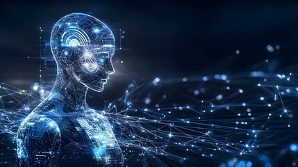 Leinwandbilder - Futuristic figure surrounded by dynamic data visualization digital networks and advanced machine learning symbols representing the cutting edge of intelligence and technology