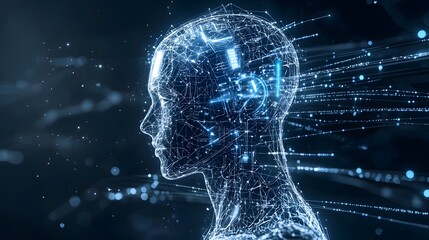 Poster - Futuristic Intelligence Design with Glowing Silhouette and Algorithmic Patterns  A visionary digital artwork depicting an advanced