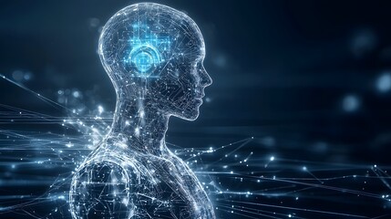 Fototapete - Cybernetic Digital Silhouette with Glowing Pathways and Futuristic Design Visualizing Intelligence and Technology Background Minimal