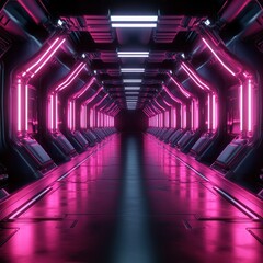 Futuristic pink neon corridor, spaceship interior, dark background, sci-fi concept art
