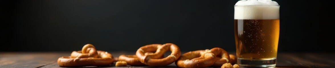 Half-empty beer glass, foam, pretzels, on dark background , pretzels, crispy