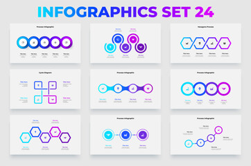Poster - Set of infographic business process charts for presentations, data visualization, and corporate reports. Design concept with 3, 4 and 5 options, parts, steps or processes