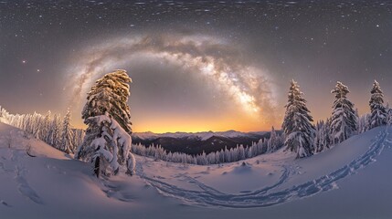 Wall Mural - Milky Way arching over snowy mountain range at night.