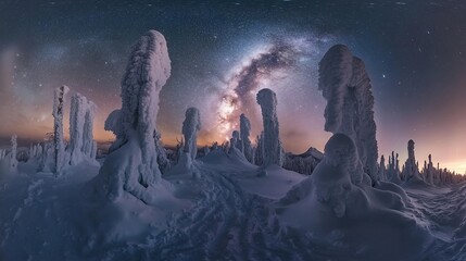 Wall Mural - Snow-covered trees under a vibrant Milky Way galaxy at night.