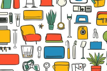 Fototapete - Common items illustrated in vivid colors and playful outlines