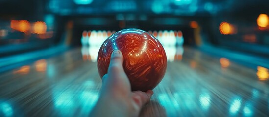 Wall Mural - Bowling Night:  A Close-Up of a Bowling Ball Ready to be Thrown Down the Lane in a Vibrant, Luminous Bowling Alley.