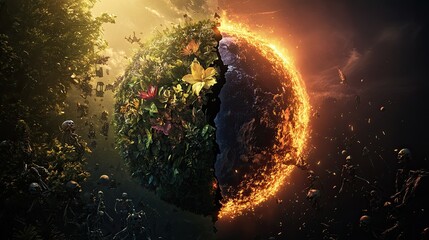 floral planet divided: a fiery, surreal artistic depiction