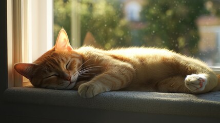 Wall Mural - Cat napping on a windowsill. Serene and cozy scene. Emphasizing tranquility and comfort. Ideal for home decor.