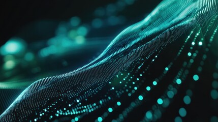Abstract Teal Digital Wave: A mesmerizing visual of flowing data points creating a dynamic, wavy pattern in a dark teal and black background.