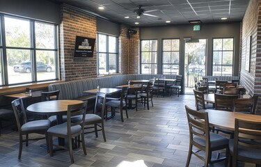 the interior design of an urban, modern restaurant with a dark gray and light wood color scheme, rustic brick walls, gray fabric seating, wooden tables and chairs