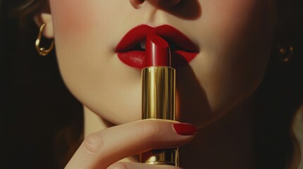 Woman with red lipstick and gold earrings posing against a neutral background