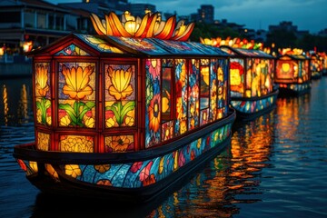 Taiwan Lantern Festival: A colorful display of lanterns on a traditional wooden boat, drifting slowly along a river under the glow of the setting sun, scenic festivity, cultural glow, peaceful 