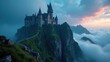 © Angel Pic - A Majestic Castle Perched High Atop a Verdant Mountain Peak, Enveloped in a Serene Sea of Clouds at Dawn
