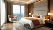 © Angel Pic - Luxurious hotel suite bedroom with panoramic city view, featuring a king-size bed, plush seating, and elegant decor
