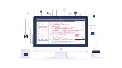 Computer screen displaying code, connected to various app icons.