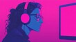 © PorchzStudio - A digital illustration of a woman with curly hair wearing headphones, focused on a computer screen, set against a vibrant pink and blue background.
