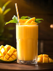 Sticker - Mango smoothie in a high glass with sliced fresh mango fruit and a straw on wooden table. Creamy tropical drink on dark background. Close up of mango drink. AI