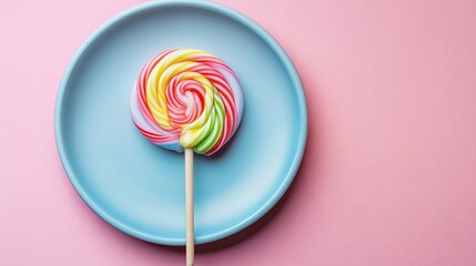 A colorful lollipop styled on a pastel plate in a candy shop picture