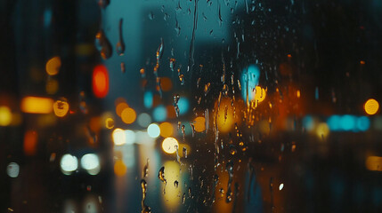 Wall Mural - Raindrops on the window, rain on the street, reflection of lights in the water in the night city, road or highway. Backdrop, background for design 