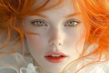 close-up of a young woman with striking orange hair and green eyes showcasing natural beauty in soft