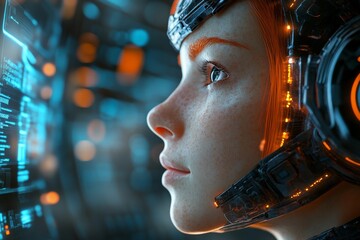 Poster - Futuristic female character engaged with holographic interface in high-tech environment