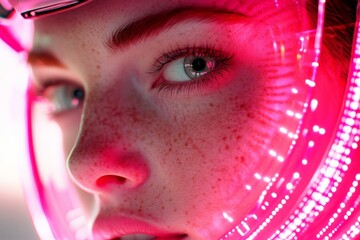 Poster - Close-up of a person with a futuristic helmet illuminated by pink lights showcasing intricate facial features