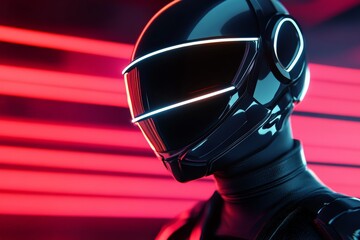 Poster - Futuristic helmeted figure stands against vibrant neon lights in a modern setting