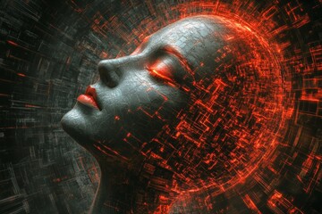 Fototapete - Digital art depicting a serene face with glowing abstract elements surrounding it in a futuristic setting of red and black hues