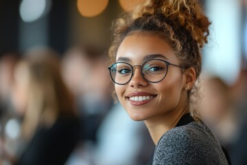 Wall Mural - Woman with curly hair smiles while sitting at a social gathering during daytime in a stylish venue