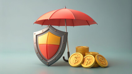 Wall Mural - A colorful illustration depicting a red umbrella protecting a shield and stacks of coins, symbolizing financial security and protection.