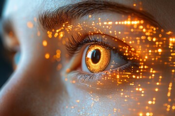 Fototapete - Close-up view of an eye with glowing digital elements reflecting technology and innovation in a futuristic setting